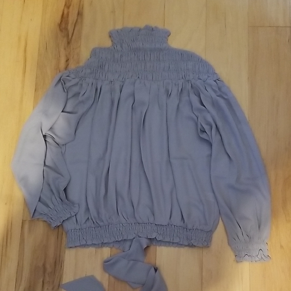 VENUS Smocked High Neck Blouse - Soft Gray